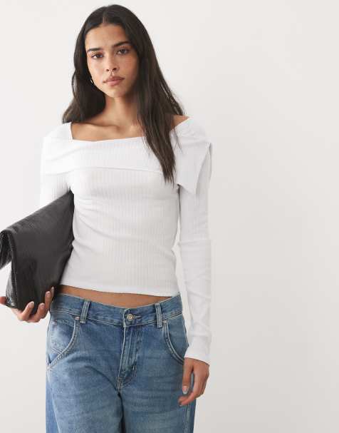 Mango  off shoulder knitted long sleeve top in white - view 1