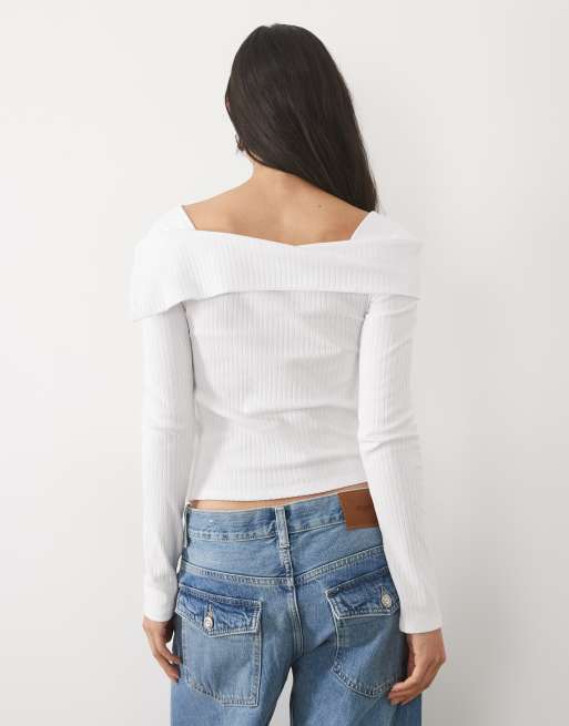Mango  off shoulder knitted long sleeve top in white, 4 of 4