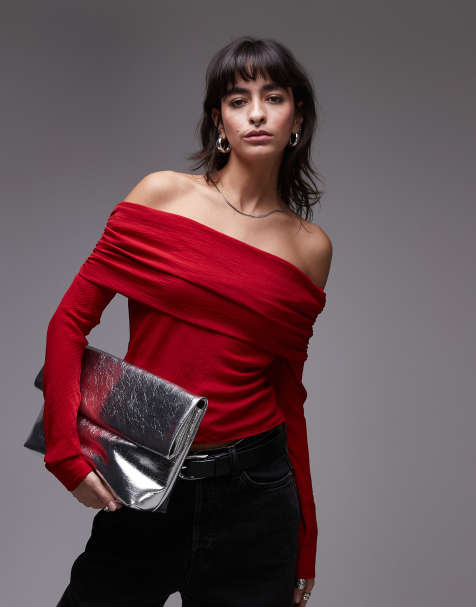 Mango off shoulder long sleeve top in red - view 1