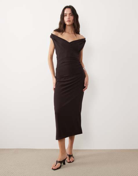 Mango off shoulder maxi dress in brown - view 1
