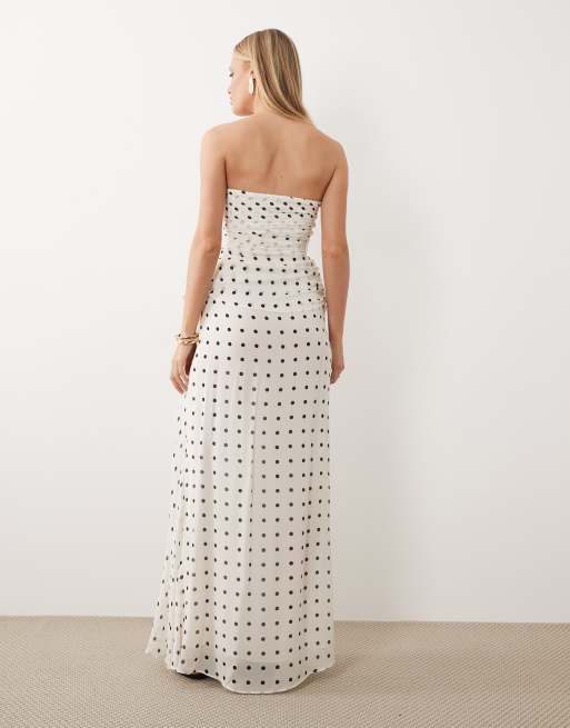 Mango off shoulder maxi dress in cream and black polka dot, 3 of 4