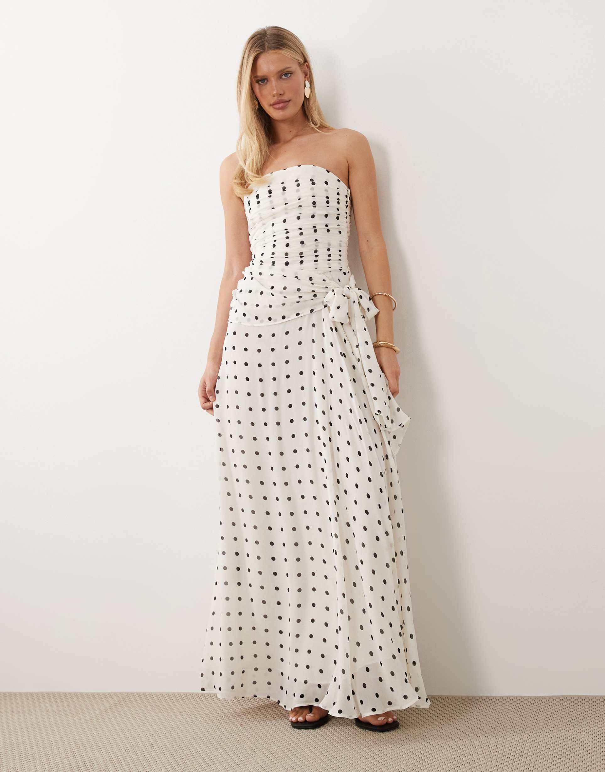 mango off shoulder maxi dress in cream and black polka dots