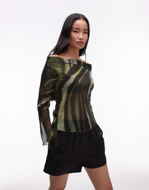 Mango off shoulder print detail mesh top in black - view 1