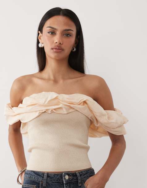 Mango off shoulder sleeveless top with statement frills in beige