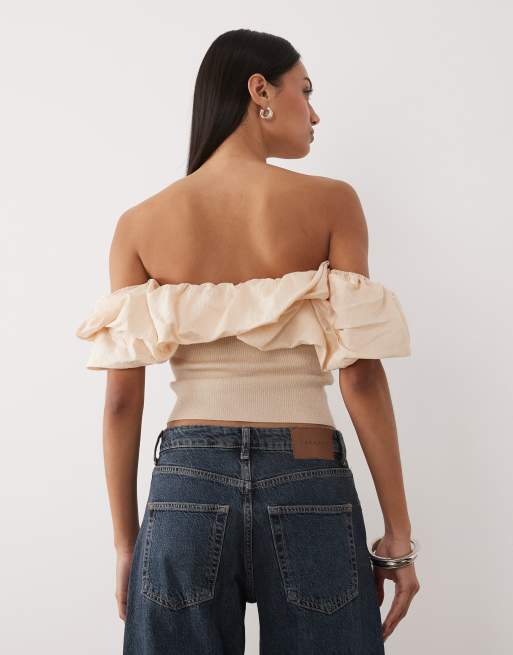 Mango off-shoulder sleeveless top with statement ruffles in beige, 4 of 4