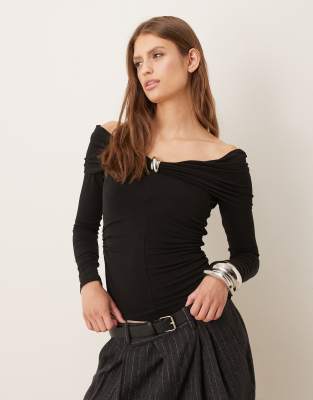 Mango Off Shoulder Top With Hardware Detail In Animal Print