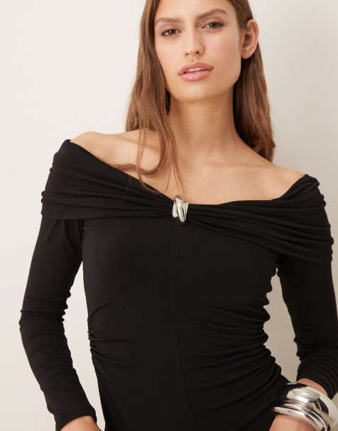 Mango off shoulder top with hardware detail in black - view 1