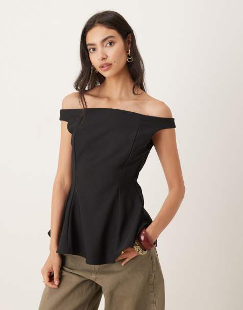 Mango off shoulder top with peplum hem in black