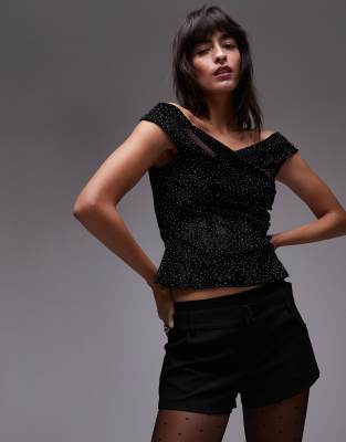 Mango Off Shoulder Velvet Hotfix Top In Black