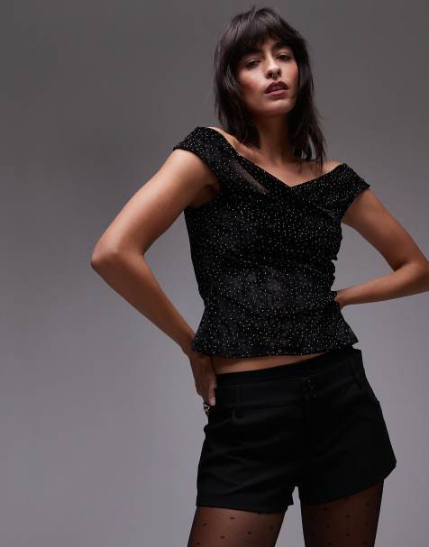 Mango off shoulder velvet hotfix top in black - view 1