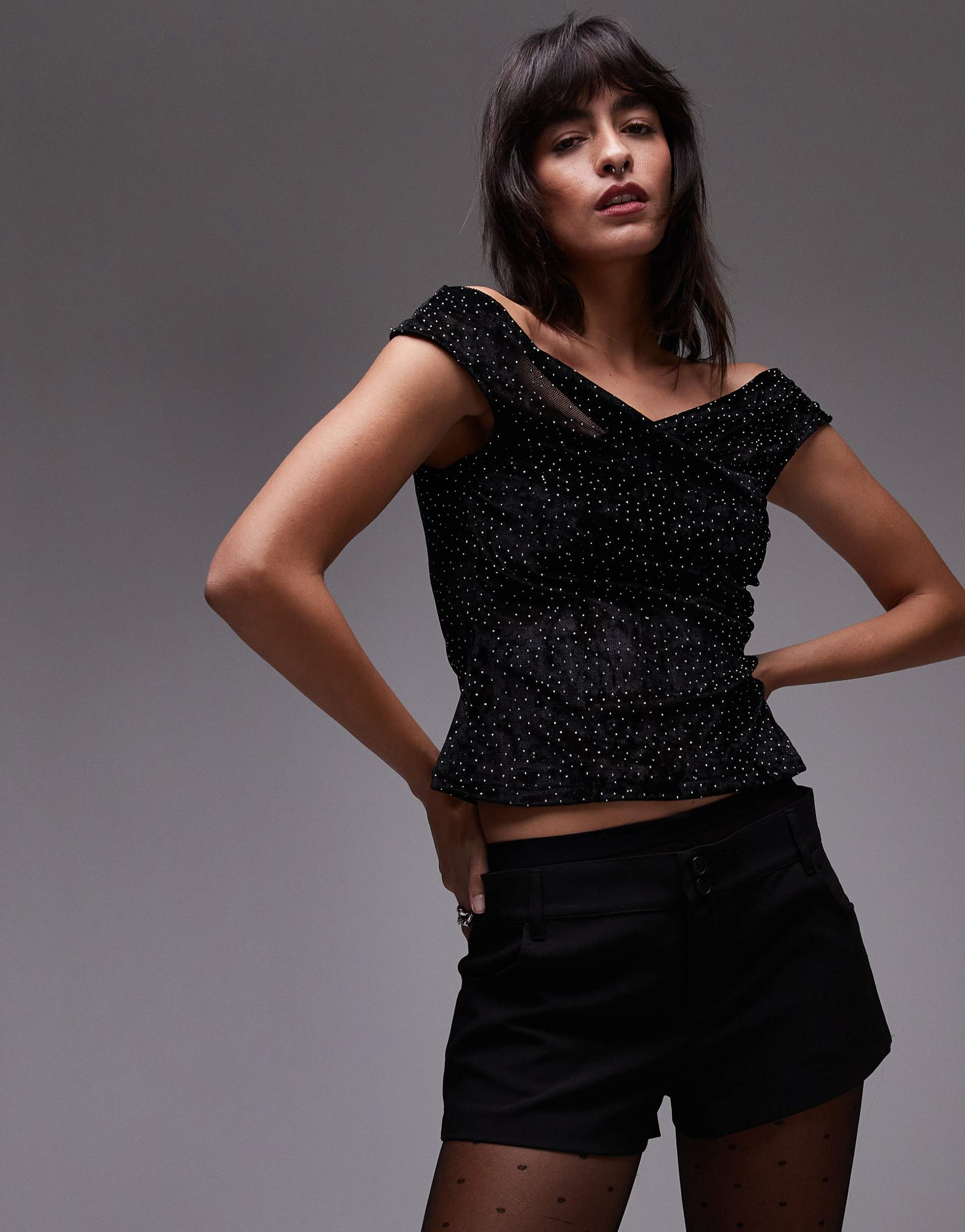 mango off shoulder velvet hotfix top in black
