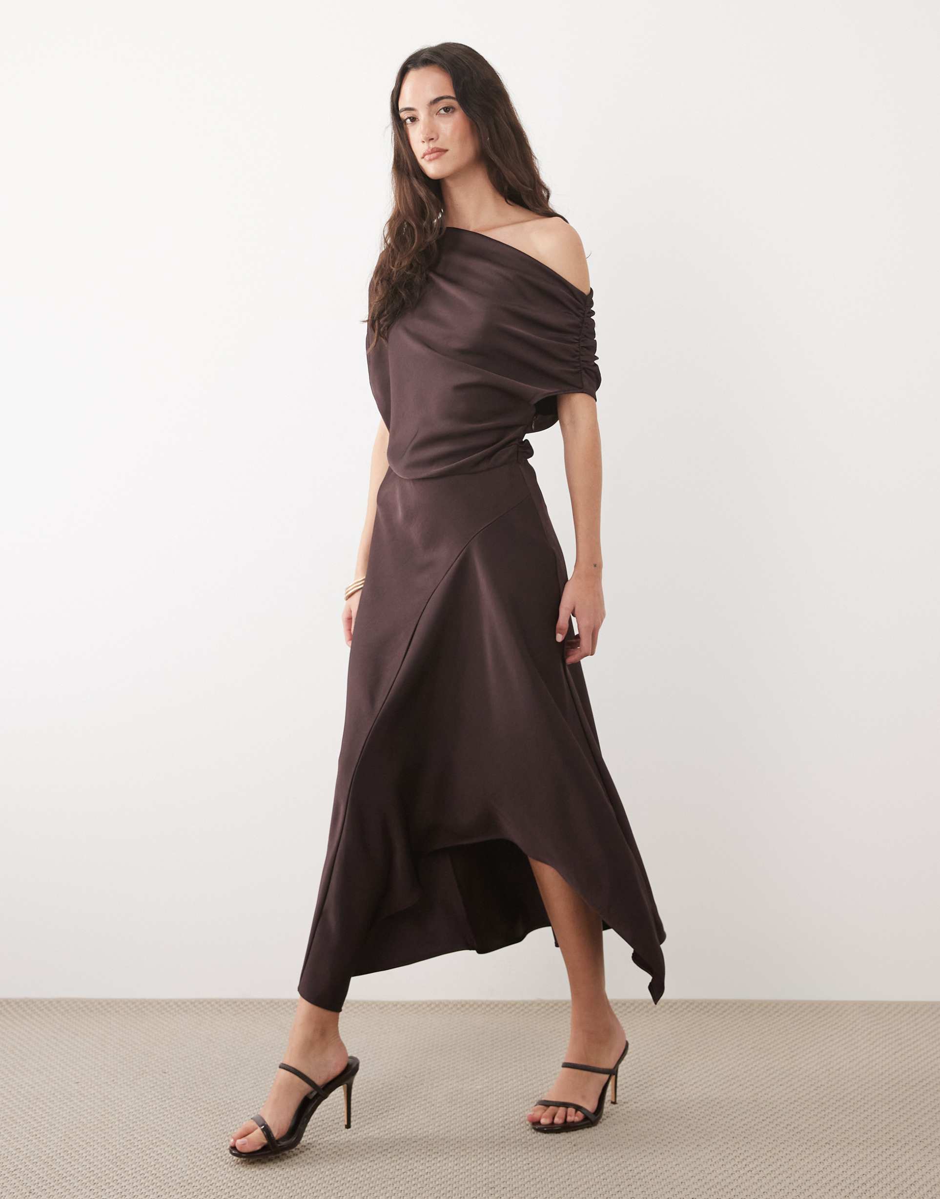 mango off the shoulder asymmetric hem midaxi dress in chocolate