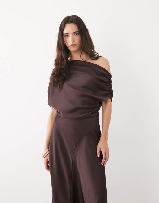 Mango off the shoulder asymmetric hem midaxi dress in chocolate, 2 of 4