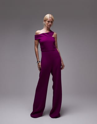 off-the-shoulder bardot jumpsuit in purple