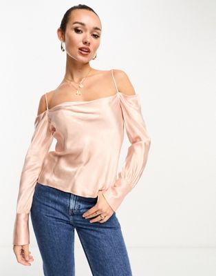 Shop Mango Off The Shoulder Detail Cuff Long Sleeve Cami Top In Pink