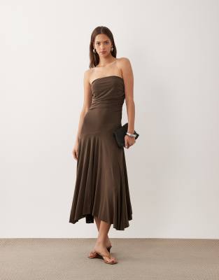 Mango Off The Shoulder Flowy Midi Dress In Brown