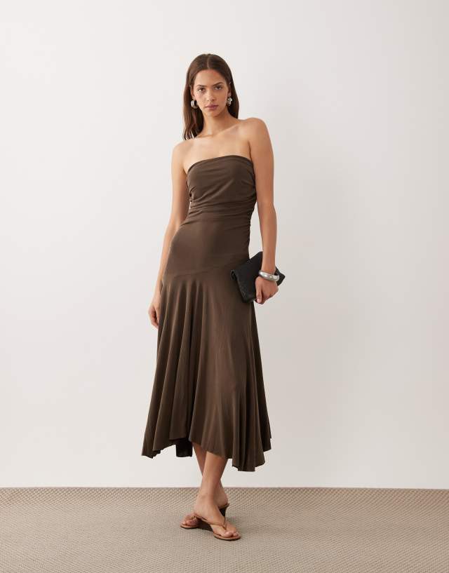 MANGO - Asymmetric hem bandeau Dress Brown