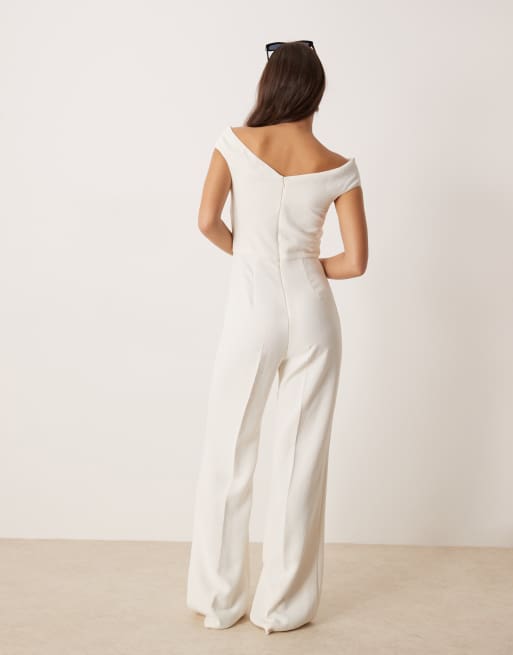 Mango off the shoulder bardot jumpsuit in white