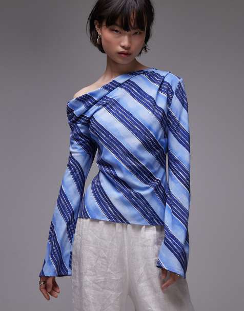 Mango off the shoulder long sleeve striped top in blue - view 1