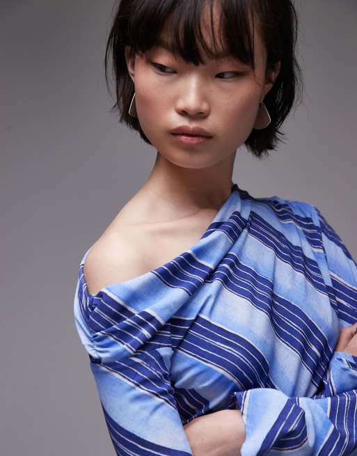 Mango off the shoulder long sleeve striped top in blue, 4 of 4