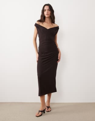 Mango Off The Shoulder Maxi Dress In Brown