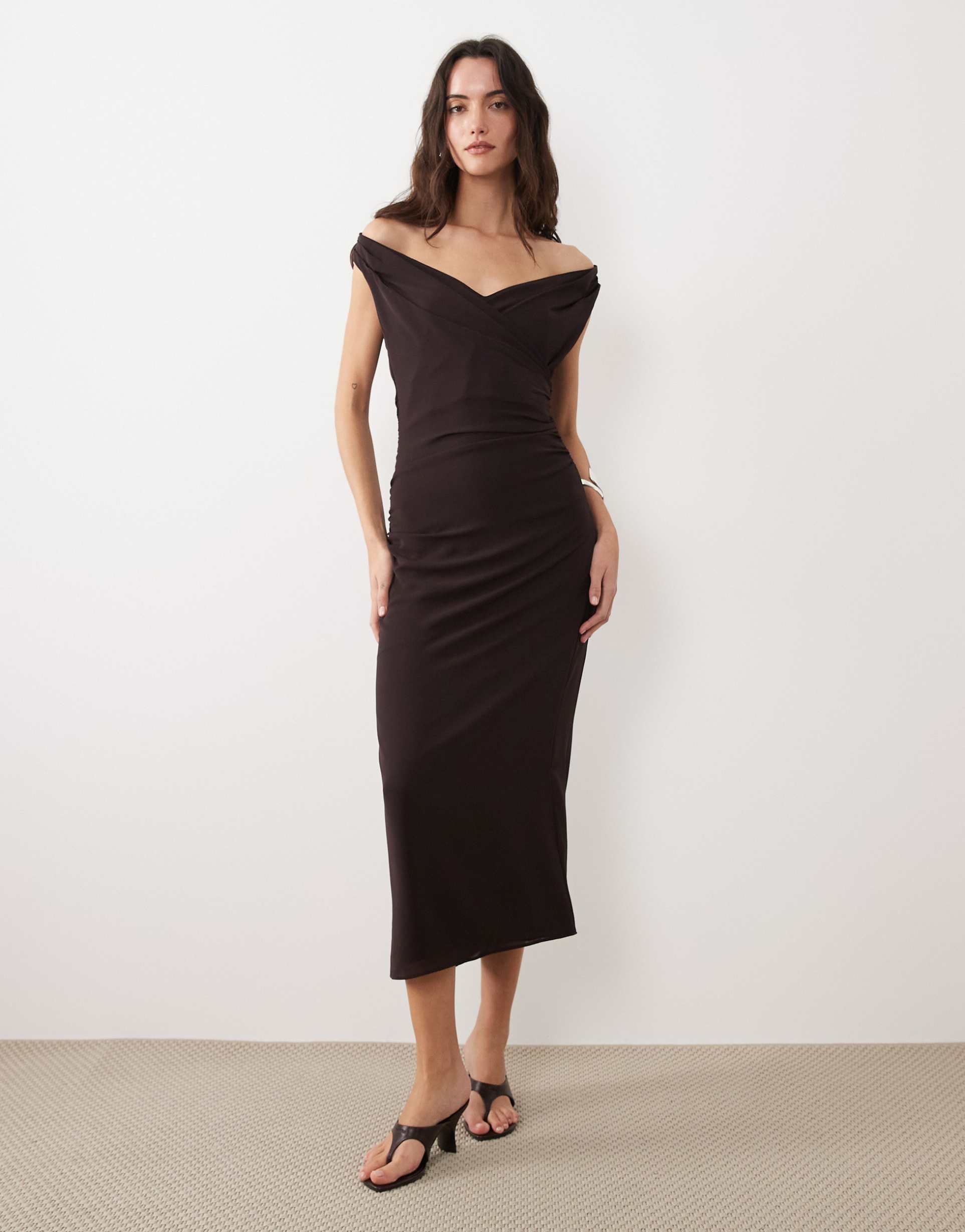 mango off the shoulder maxi dress in brown