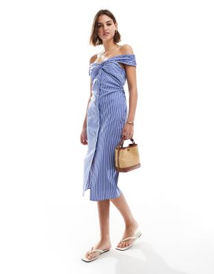 Mango Off The Shoulder Striped Midi Dress In Blue