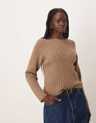 Mango - Offenmaschiger Strickpullover in Hellbraun-Brown