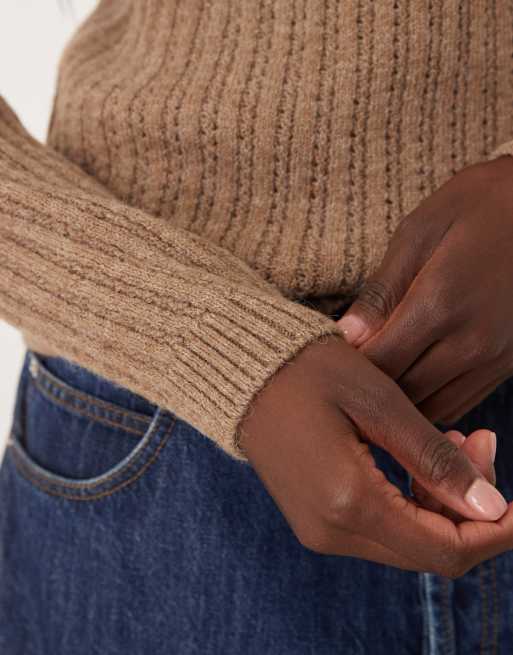 Mango – Offenmaschiger Strickpullover in Hellbraun, 3 von 4