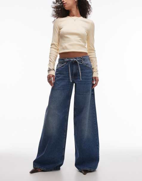 Mango Olivia tie waist wide leg jeans in blue - view 1