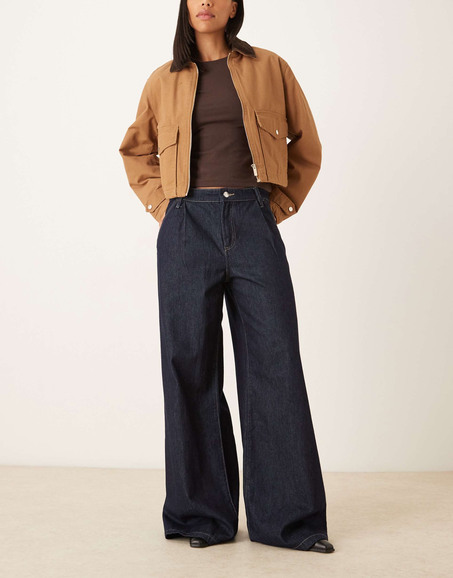 mango ona 100% cotton pleat front baggy jeans in indigo