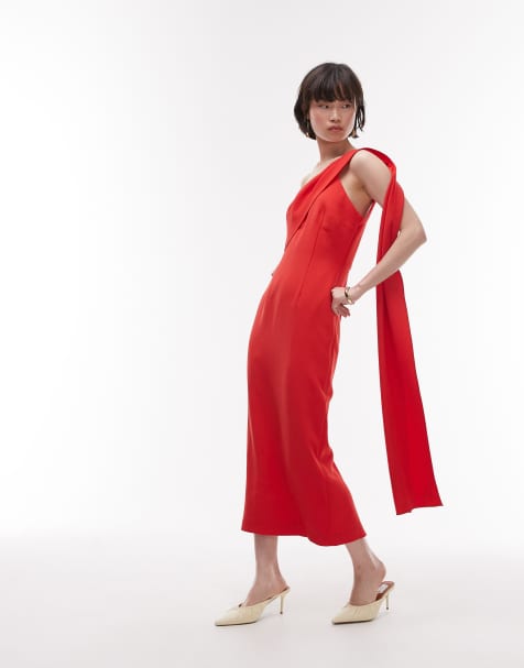 Mango one sholder draped dress in red - view 1