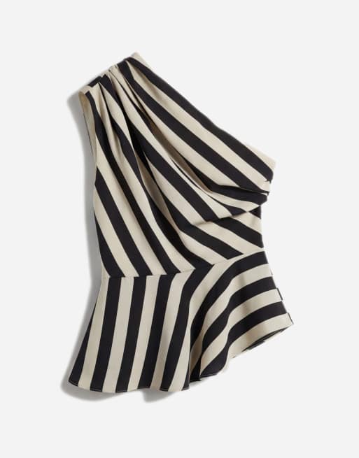 Mango one shoulder asymmetric blouse in black and beige stripe, 5 of 11