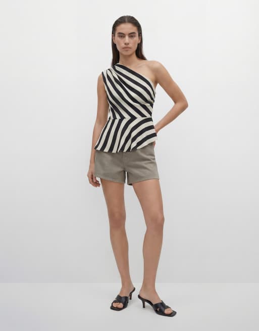 Mango one shoulder asymmetric blouse in black and beige stripe, 9 of 11