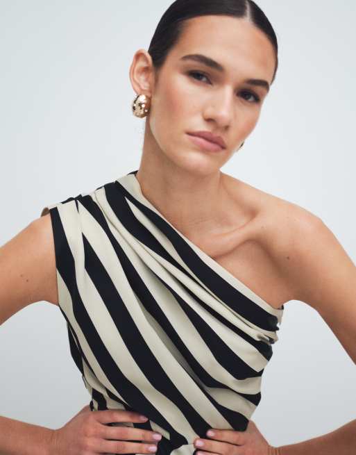 Mango one shoulder asymmetric blouse in black and beige stripes, 4 of 11