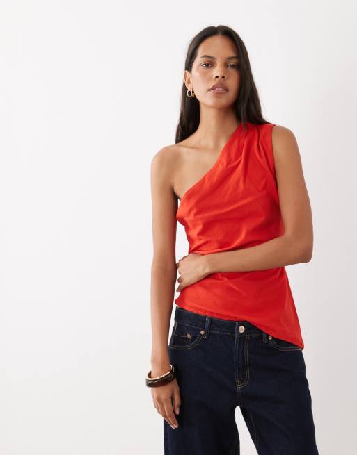 Mango one shoulder asymmetrisk top i rød, 2 af 4