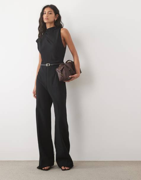 Mango one shoulder belted jumpsuit in black  - view 1