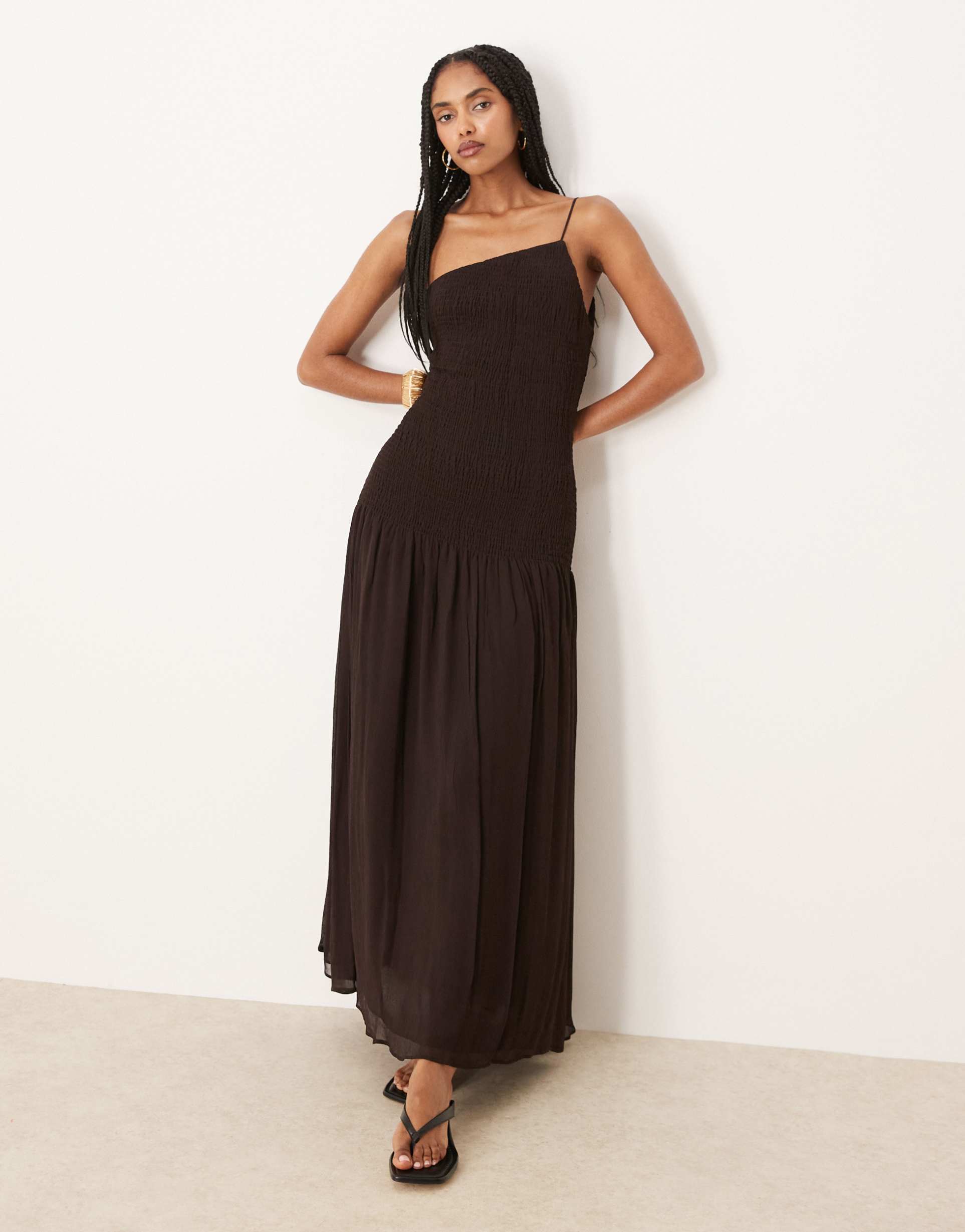 mango one shoulder bias chiffon slip dress in chocolate