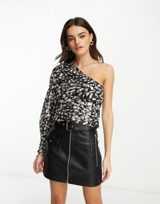 Mango one shoulder blouse in black and silver print