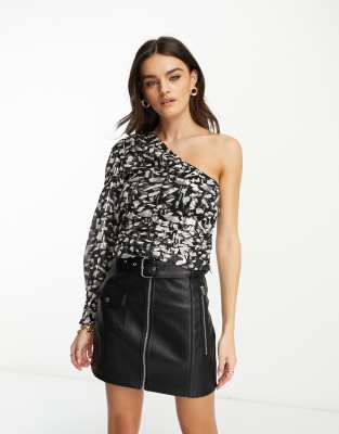 Mango One Shoulder Blouse In Black And Silver Print-multi