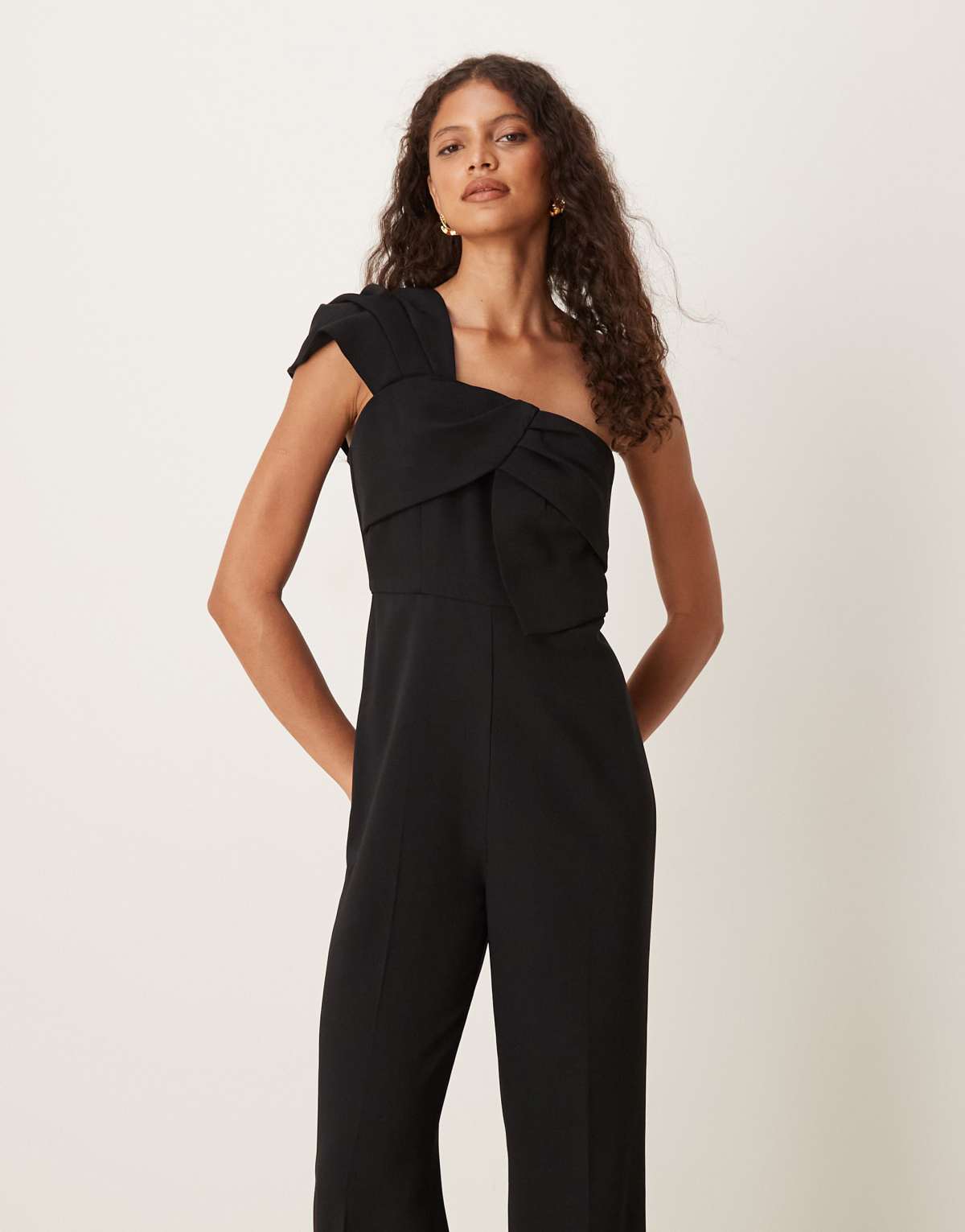 Mango one shoulder bow jumpsuit in black