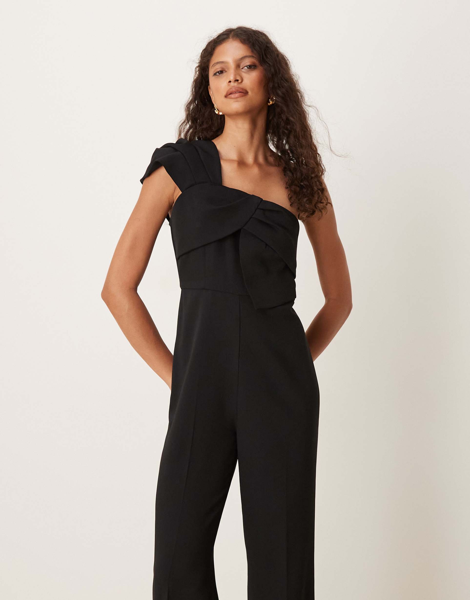 mango one shoulder bow jumpsuit in black