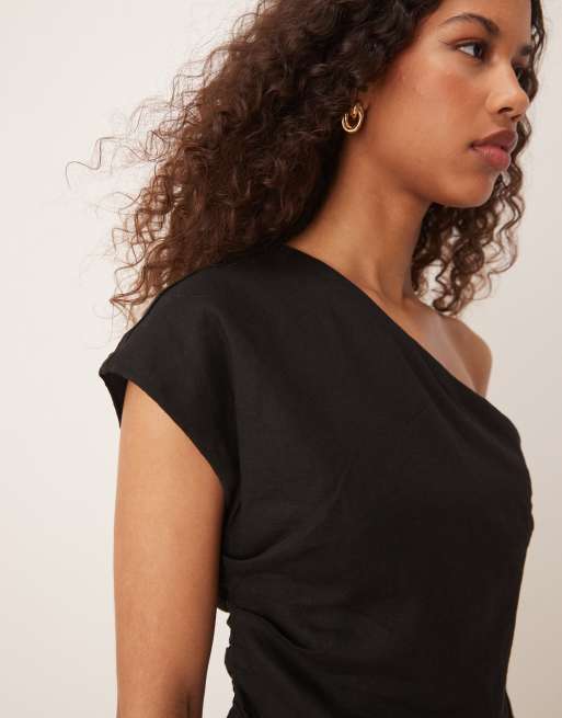 Mango one shoulder cinched waist top in black | ASOS