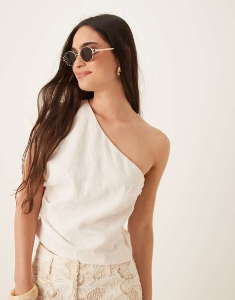 Mango one shoulder cinched waist top in white - view 1
