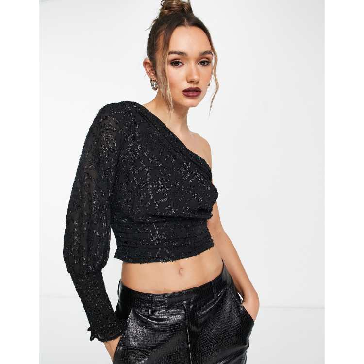 Mango one shoulder cropped sequin top in black