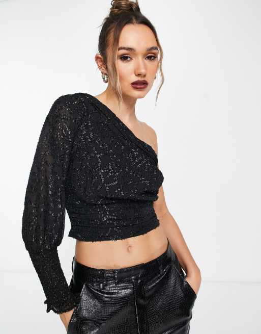 Mango one shoulder cropped sequin top in black