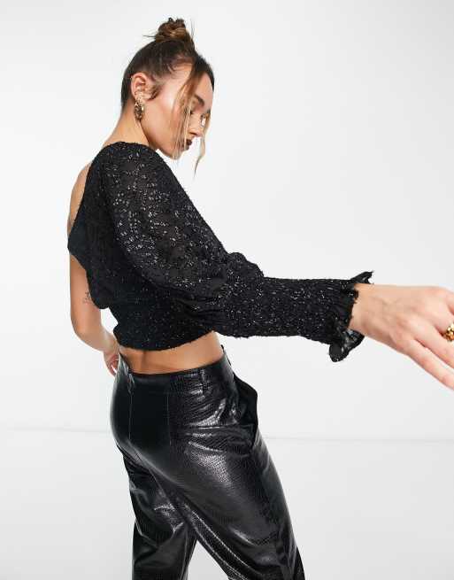 Mango one shoulder cropped sequin top in black | ASOS