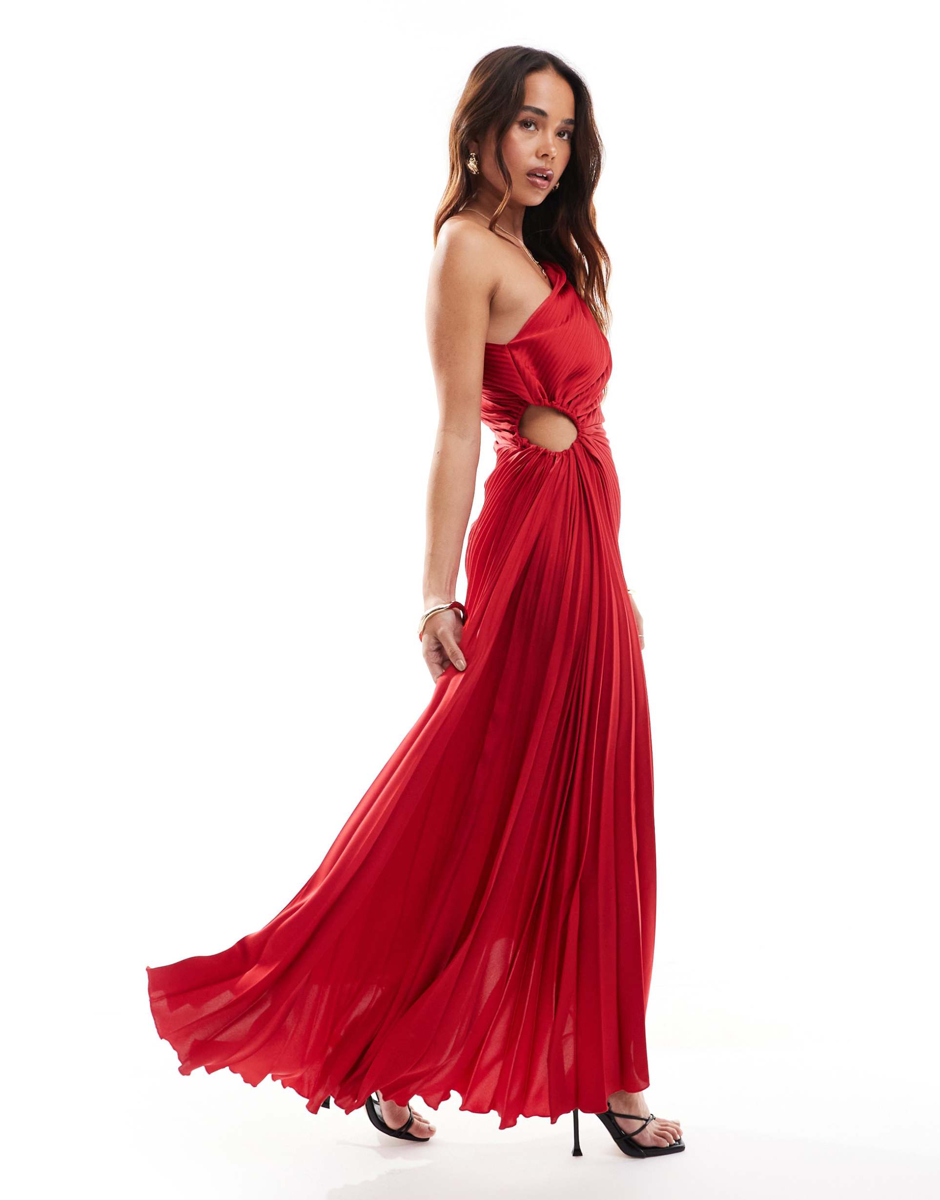 mango one shoulder cut out midi dress in red