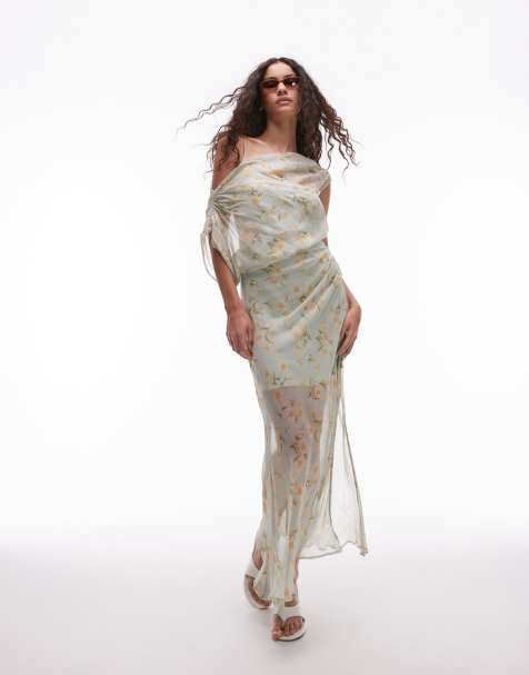 Mango one shoulder drape floral midi dress in pale blue - view 1