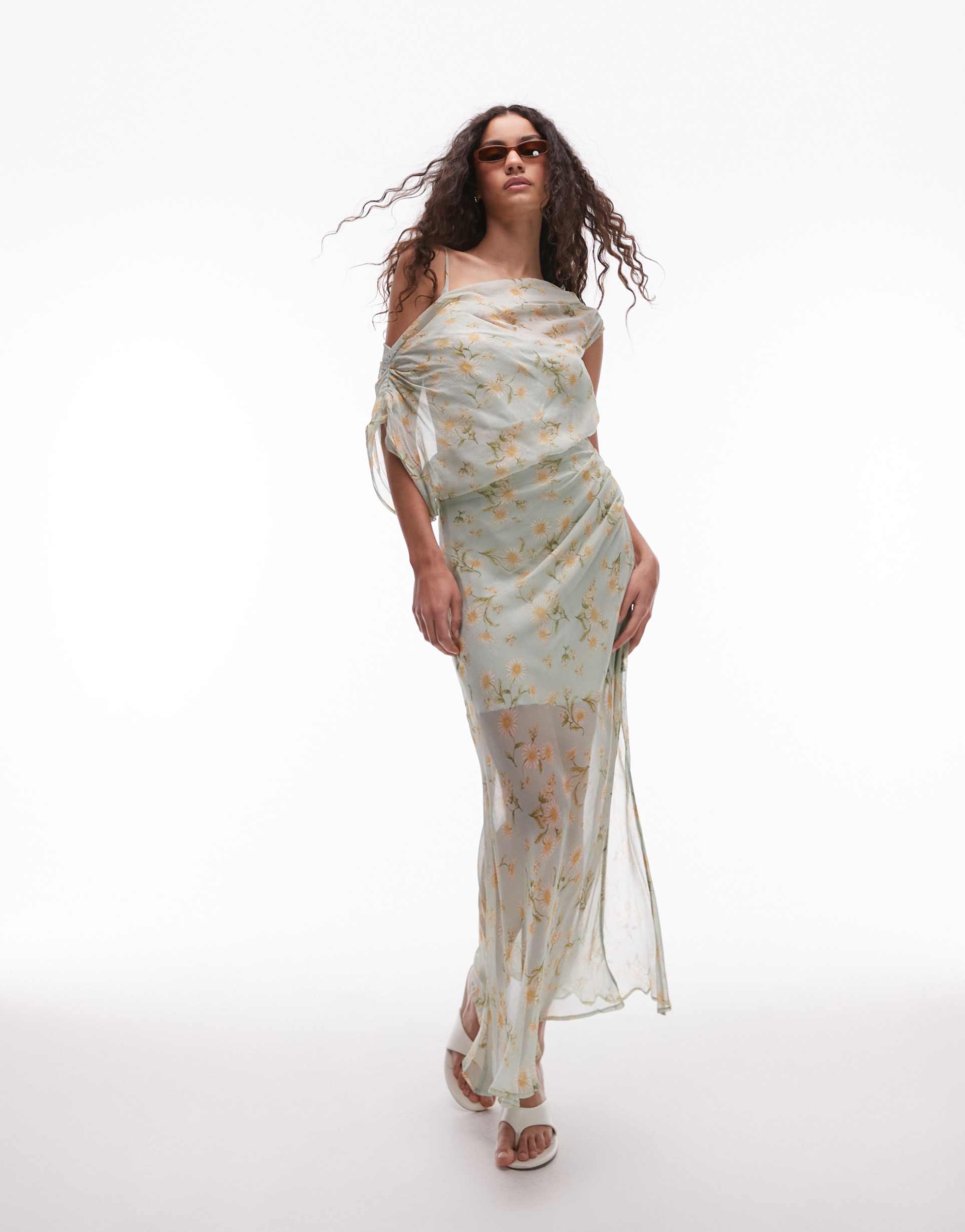 mango one shoulder drape floral midi dress in pale blue